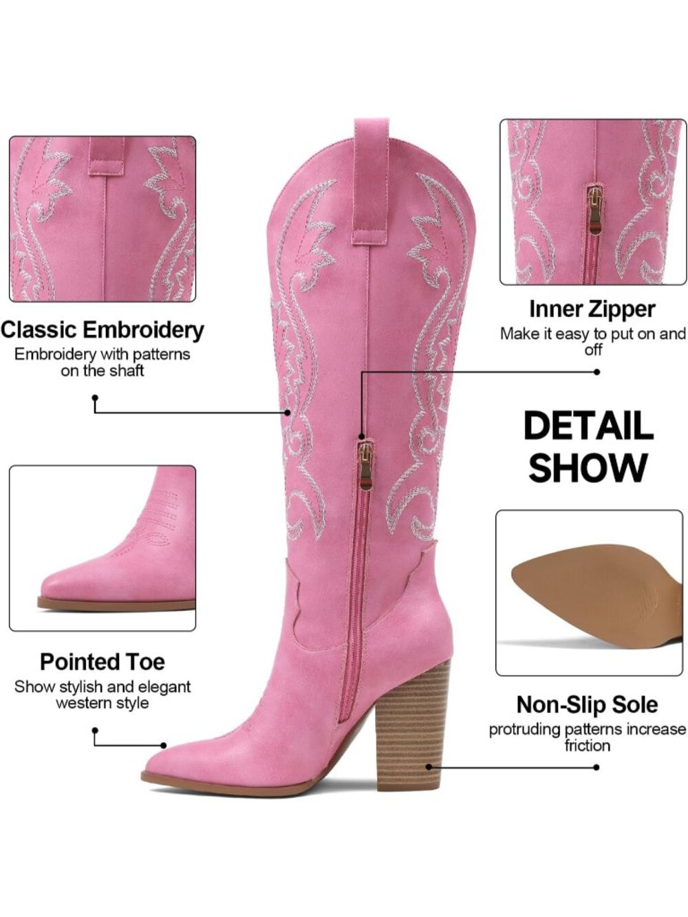 Women Pink Leather Pull-on Pointed Toe Chunky High Heel Embroidered Boot - Picture 5 of 6